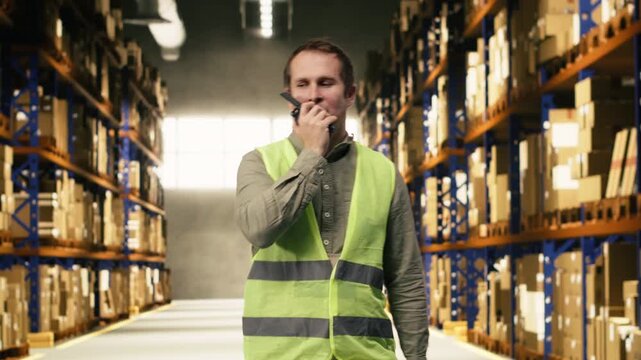 Logistics worker speaking into two-way wireless transceiver near pallets and cardboard boxes. Communication equipment supports order fulfillment workflow and efficient e-commerce operations.