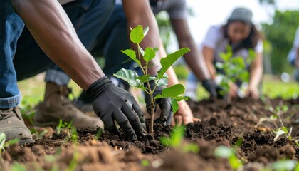People planting trees in garden outdoors.
