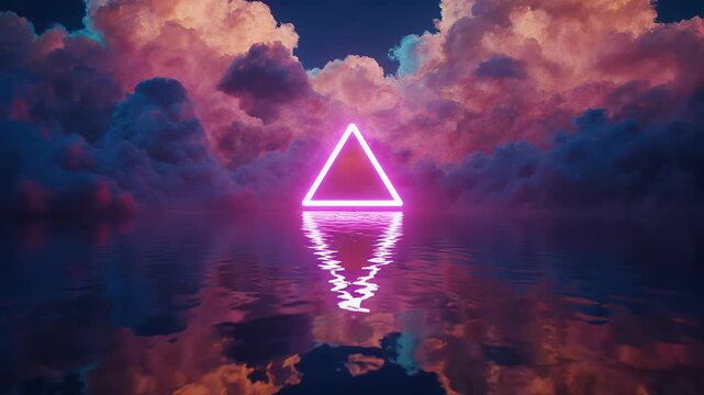 Neon triangle reflected on water beneath dramatic pink clouds in surreal sky scene