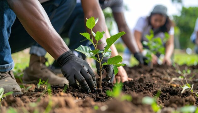 People planting trees in garden outdoors.