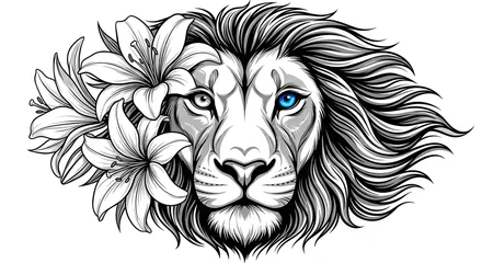 Acrylglasbilder Eine Linie Powerful lion's head line art adorned with large lilies and featuring one striking blue eye  © DnQajik
