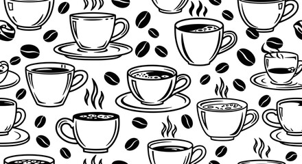 Obraz premium Seamless pattern of coffee cups and beans in black and white sketch style