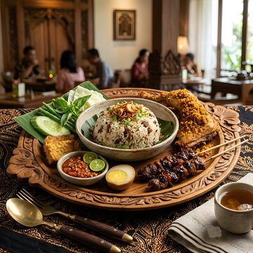 Indonesian Nasi Tutug Oncom with Fried Chicken and Satay