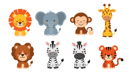 Obraz premium Cute cartoon safari animals collection lion elephant monkey giraffe zebra tiger illustration