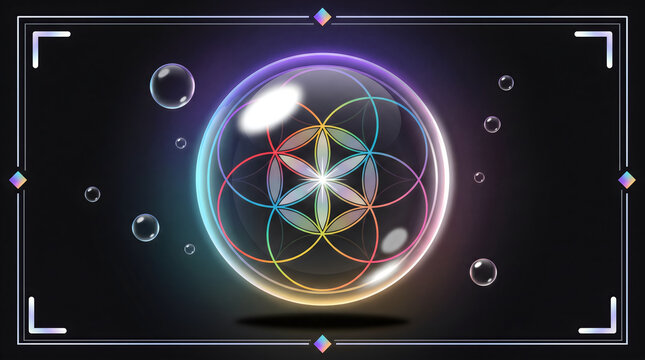 Glowing transparent crystal ball with sacred geometry flower of life pattern and floating bubbles.