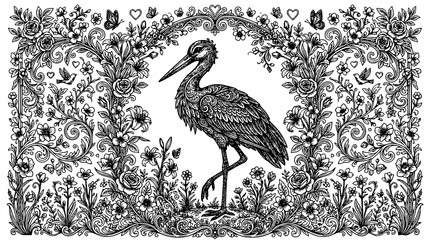 Stork coloring page engraved line art with romantic floral bird illustration for adults and children