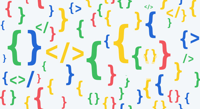 Colorful coding symbols and brackets background for technology and programming concepts