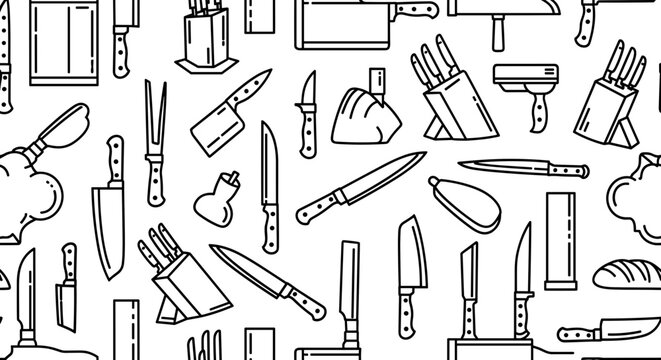 Kitchen Knives Collection Seamless Pattern Outline Vector Illustration