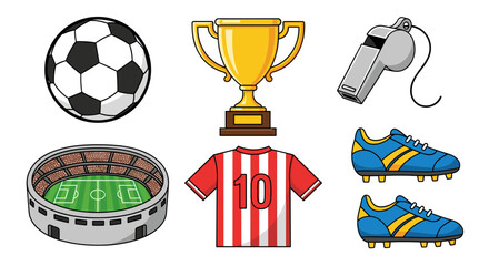 Naklejka premium Soccer sport equipment and stadium illustration with trophy and ball