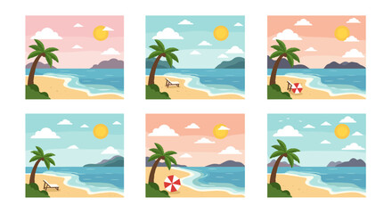 Obraz premium Tropical Beach Scenes Collection with Palm Trees Ocean and Sun