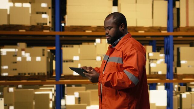 African american staff member using tablet for package inventory control. Distribution center operations coordinating shipment and delivery, efficient supply chain workflow in warehouse.