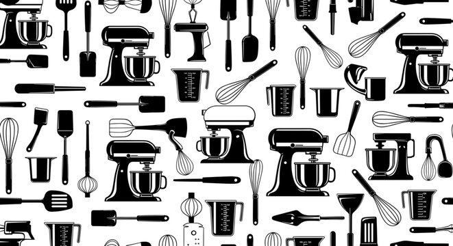 Seamless pattern of kitchen utensils and appliances in black and white