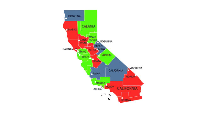 California Congressional Districts Map, Red Blue Green Colors, Election Voting