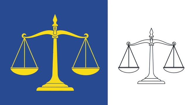 Golden Scales of Justice balanced on blue background and outline version