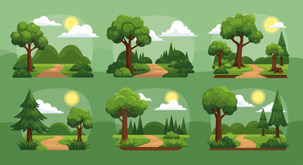 Fototapeta premium Collection of stylized cartoon forest landscapes with trees paths and sun