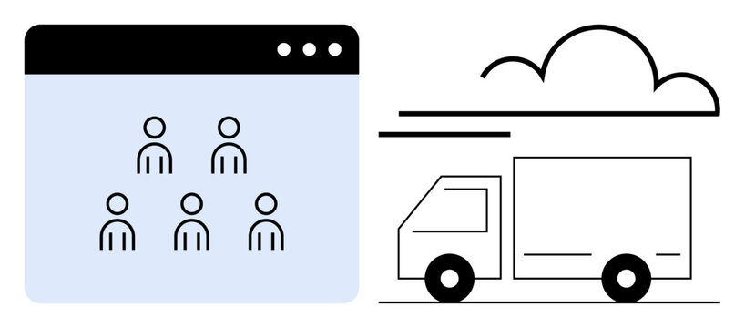 Remote work, team collaboration, logistics planning, cloud computing, online management, supply chain. Digital window with team icons and delivery truck under a cloud. Remote work and logistics