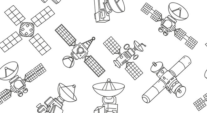 Seamless pattern of various satellites and space station elements in a cartoonish outline style