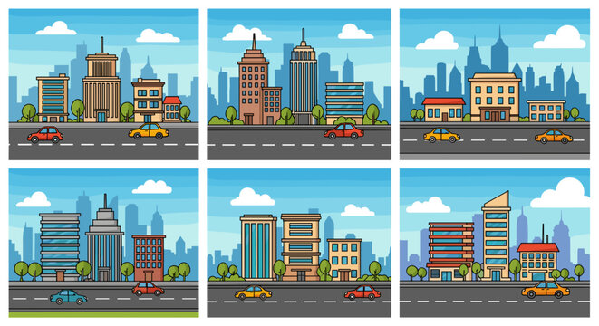 Pixel Art Cityscape Collection with Buildings Cars and Roads Under a Blue Sky