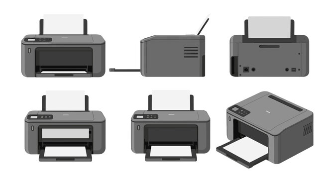 Set of modern printers viewed from different angles and perspectives isolated on white background
