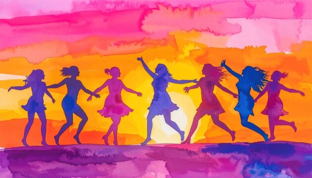 Silhouettes of women dancing at sunset.