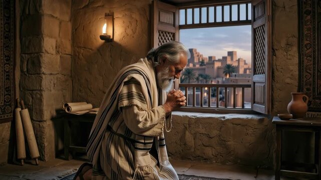 Elderly biblical patriarch kneeling in prayer inside an old stone chamber, hands clasped and eyes raised toward a window overlooking a palm-filled city and distant ziggurat at dusk