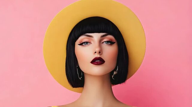 Stylish woman wearing yellow hat and makeup poses for fashion photoshoot. Modern beauty concept with elegant model against minimalist pink background, studio style.