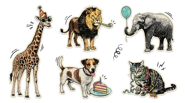 Colorful animal stickers with party accessories
