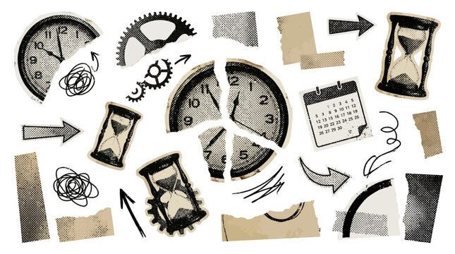 Vintage clock and calendar icons with arrows