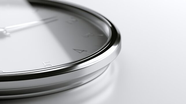 Silver wristwatch macro detail with chrome bezel on reflective white surface for business time management marketing