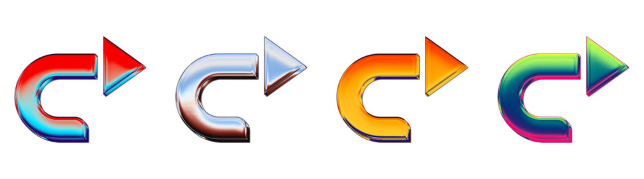 3D icon bundle hologram style - u turn to right. Directional arrows and navigation interface pointers. High quality render design. Glossy reflective surface detail.