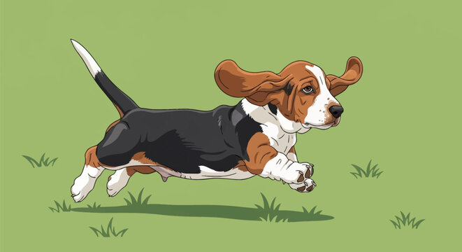 Vector illustration of a tri-color Basset Hound puppy running quickly through a green field with its long ears flapping in the wind and tail raised, cartoon style animal character.
