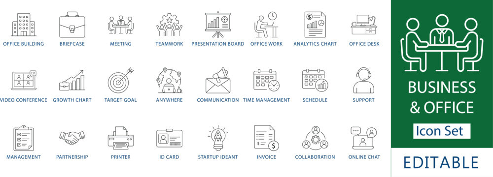 business and office icon set: professional corporate management, teamwork and collaboration, office workspace equipment, startup ideas and growth, and digital communication line icons