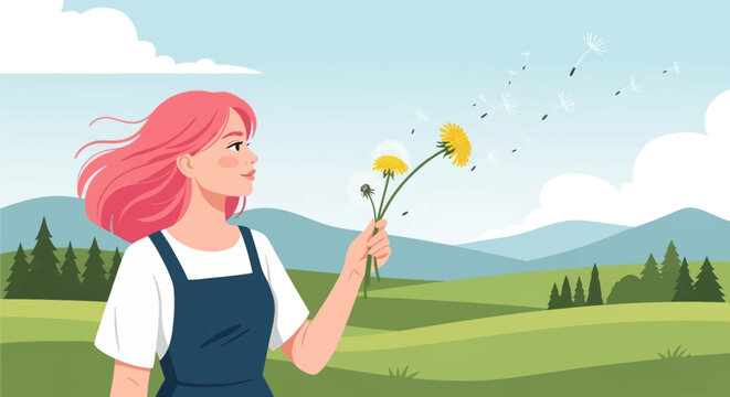 Vector illustration of a girl with pink hair holding dandelions in a green field with mountains in the background. Seeds are blowing in the wind under a blue sky with clouds.