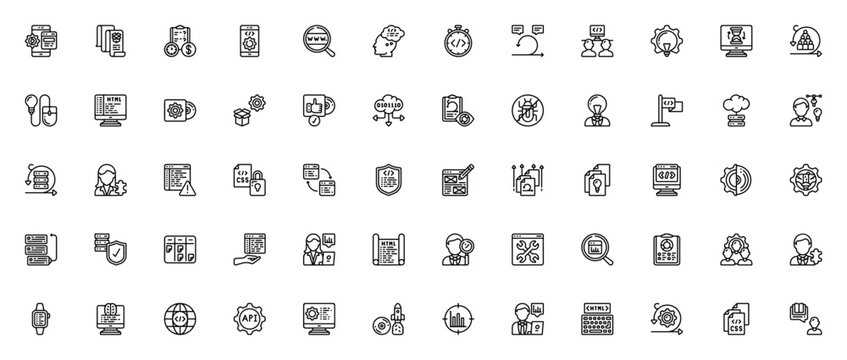 Software development icon set. Linear vector pack. Includes symbols for web optimization, programming, agile, sprint, cloud coding, data analytics, protection and more.