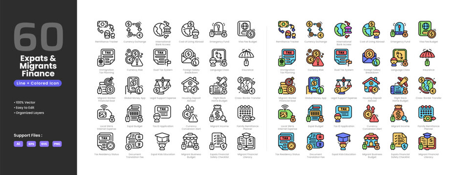 Expats and migrants finance icon set collection - colored outline line art style. Cost living abroad cross border transfer currency conversion alert exchange fee risk document translation fee dual tax