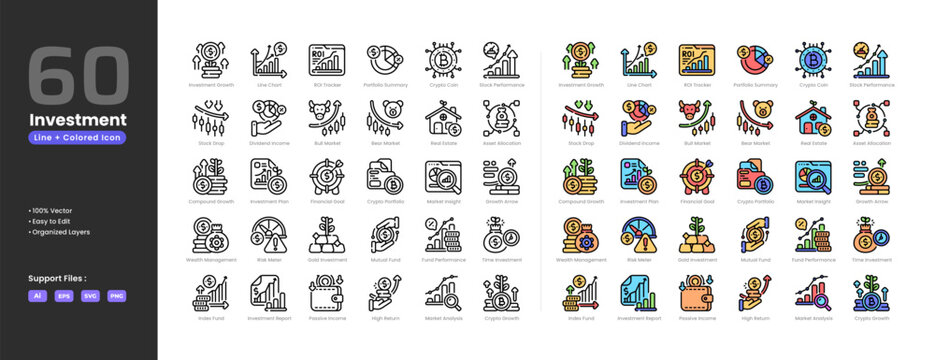 Investment growth icon set collection - colored outline line art style. asset allocation bear market bull market compound growth crypto coin portofolio dividen income financial goal fund performance