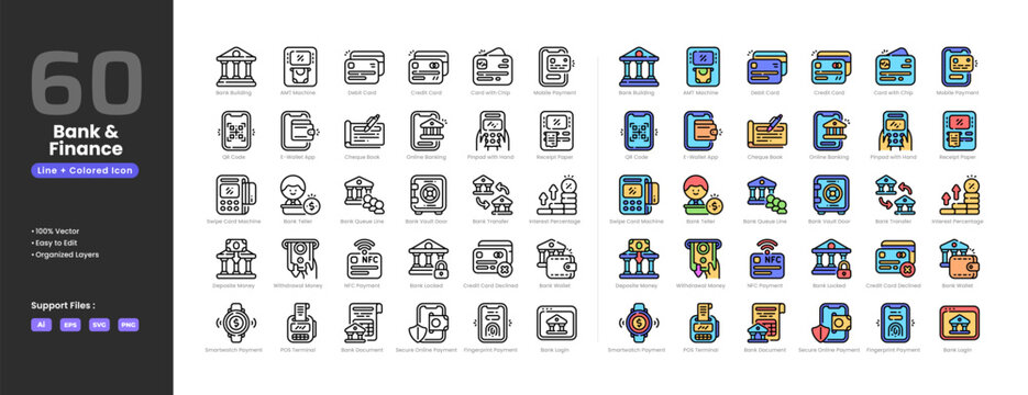 Bank and finance icon set collection - colored outline line art style. ATM machine account document bank building login screen queue line teller vault door card chip cheque book credit card decline.