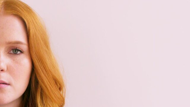 Half, face and serious woman in studio with education, learning or cosmetology college. Beauty, space and cosmetics student on pink background for makeup academy, enrolment or scholarship mockup