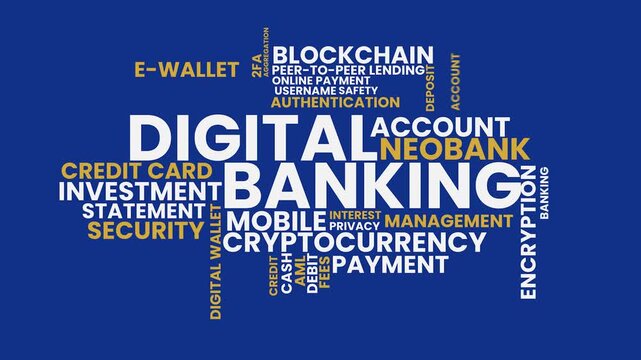 Digital Banking Revolution: A word cloud illustrates the dynamic landscape of modern finance, highlighting key terms and concepts in digital banking and financial technology. 