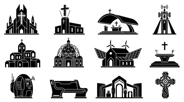 Black Silhouette Futuristic Church Architecture &ndash; Catholic Sacred Building Icon Set 4K