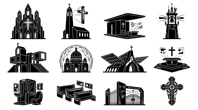 Futuristic Catholic Church Silhouette Set &ndash; 12 High Tech Sacred Architecture Icons 4K Vector