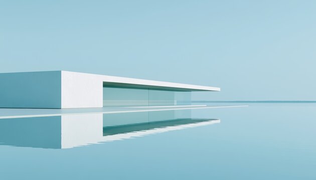 Contemporary waterfront pavilion shimmering over glass-like water in a high-key minimalist composition for high-end hospitality branding