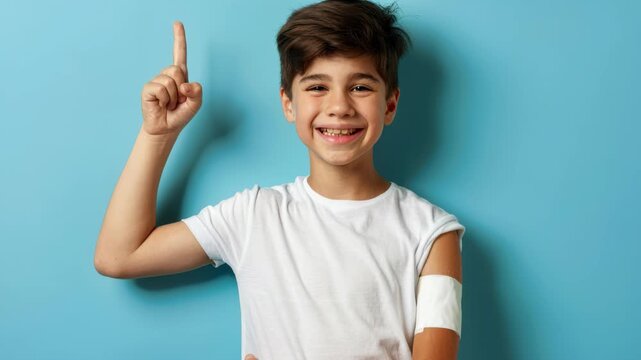 Bright Idea: A youthful boy, beaming with a smile, holds up his index finger against a serene blue backdrop, suggesting an inspired thought or a brilliant plan.