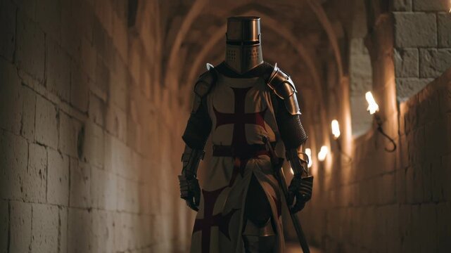 Medieval knight standing in a dimly lit stone corridor with arched ceiling.