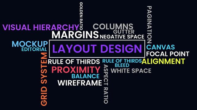 Layout Design Word Cloud: A comprehensive word cloud showcases core elements of layout design, encompassing visual hierarchy, balance, and spatial organization.