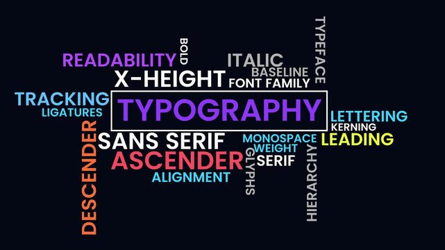 Typography and Design: Visual representation of words and font-related terminologies in vibrant colors, perfect for graphic design enthusiasts and educators alike.