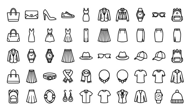 Fashion and Clothing Line Icons Set with Apparel Bags Shoes and Accessories Vector Collection