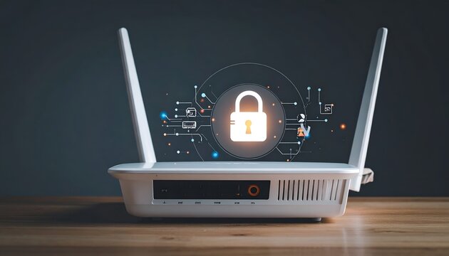 Wireless router sits on wooden surface. Digital lock appears above router