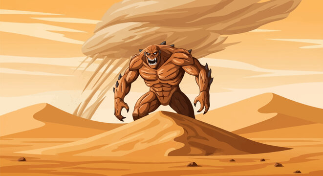 Vector illustration of a muscular sand monster or earth golem with spikes and sharp teeth standing among desert dunes under a swirling dust storm in an arid environment.