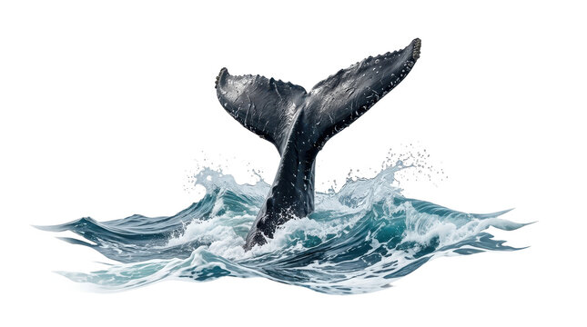Majestic humpback whale tail fluke gracefully emerging from crashing ocean waves, captured in a dynamic, close-up shot with a cool blue mood.